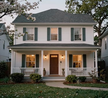 The front porch of a charming North Houston home at dawn, surrounded by soft green foliage and spring blossoms, photography.