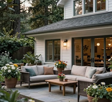 A serene outdoor patio area of a boutique home in the Pacific Northwest, with comfortable seating, blooming garden planters, and a tranquil atmosphere for residents to relax.