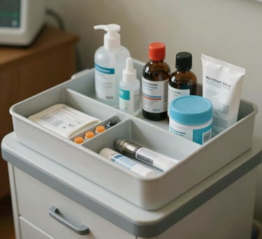 Close-up of a neatly arranged medical management station in a North American home setting, emphasizing organization and clinical professionalism.