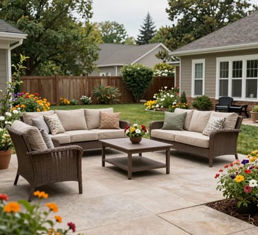 A safe, level backyard patio in a North American setting with comfortable seating and a variety of colorful flowers, bright daytime lighting.