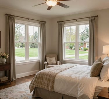 A warm and inviting private bedroom in a North American senior care home, featuring soft lighting, large windows with views of a manicured lawn, and comfortable, high-quality furniture.