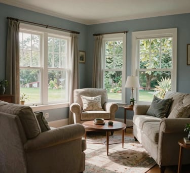 A cozy, sun-drenched North American living room with comfortable armchairs, soft blue-grey walls, and wide windows overlooking a garden, tranquil atmosphere.