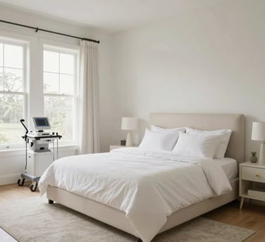 A spacious, bright private bedroom in a North American home, featuring modern medical accessibility and sophisticated off-white décor, very peaceful.