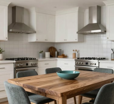 A clean, modern North American kitchen and dining area with a large wooden table, plenty of light, and muted teal decorative elements.
