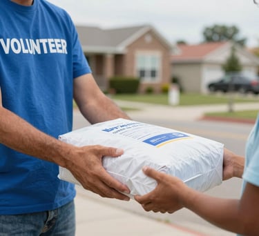 A focused shot of a volunteer's hands handing a relief package to a community member in a North American suburban setting. The scene is heartwarming and professional, with medium blue and light blue tones.