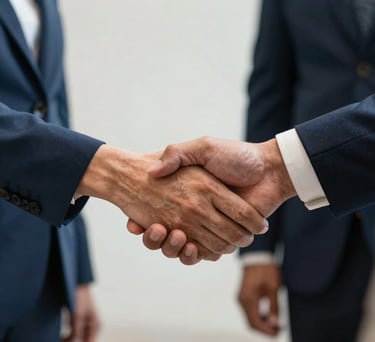 A close-up of hands shaking at a community agreement meeting, professional North American attire, soft light blue and off-white surroundings.