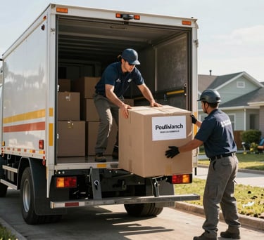 An action shot of humanitarian aid delivery boxes being unloaded from a rescue truck in a North American residential area, professional morning light.