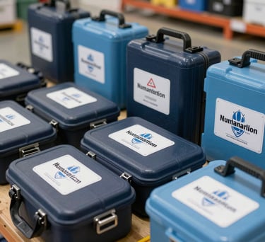A close-up of professional rescue equipment and supply kits labeled for humanitarian aid, neatly organized in a bright North American warehouse, with dark blue and light blue accents.