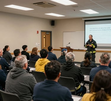 A wide shot of a community preparedness seminar held in a North American civic building, people focusing on a speaker in professional rescue attire.