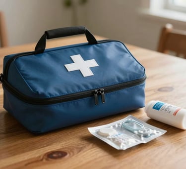 A close-up of a first-aid kit and emergency supplies on a wooden table, illuminated by warm morning light in a North American home, symbolizing preparedness and safety. Colors include dark blue and soft white.