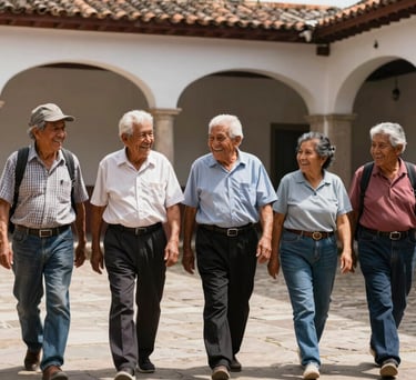 Colombian seniors walking together in a sunlit courtyard of the foundation, laughing and showing a sense of strong community belonging.