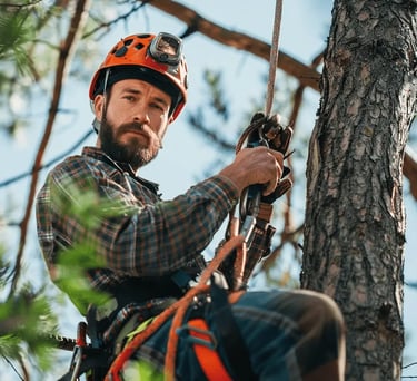 A male arborist up a tree in climbing gear looking at the camera