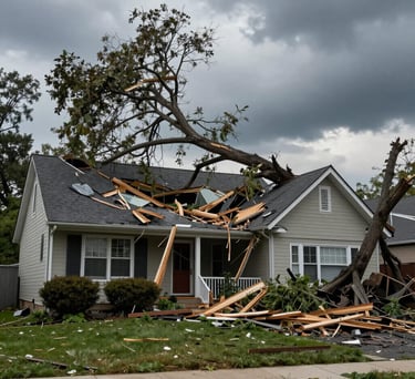 a house that has a tree fallen onto the roof after a storm
