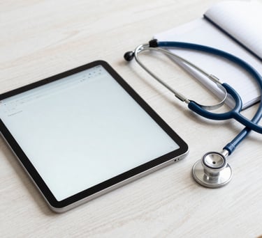 A minimalist and professional workspace setup, featuring a digital tablet showing a clean document outline, next to a modern stethoscope and a notebook on a light wooden table. The lighting is bright and clean, with a calm atmosphere utilizing white, soft blue, and deep navy tones.
