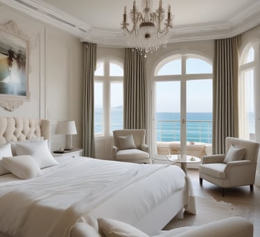 Cozy deluxe room bathed in warm sunlight with a view of blue sky and birds flying outside.