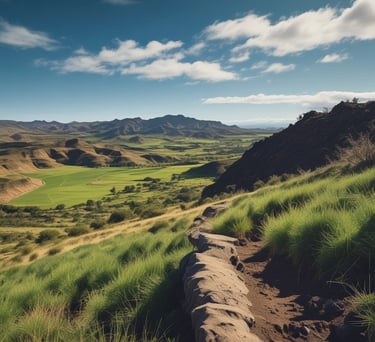 Panoramic mountain hiking trail overlooking a lush green valley under a bright blue sky.