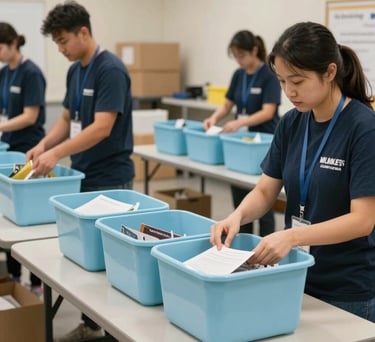 A scene of volunteers organizing educational supplies in a well-lit North American distribution hub. The composition is professional and orderly, featuring light blue bins and off-white tables.