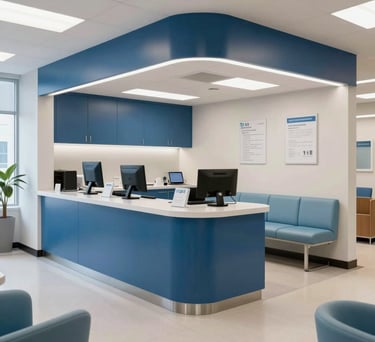 A high-quality photo of a modern health resource center in the US, featuring clean lines and a professional atmosphere with steel blue and light blue furniture.