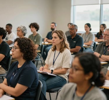 A photograph showing a diverse group of people attending a community workshop in a North American hall, focusing on collaborative learning and social progress. Soft natural lighting.