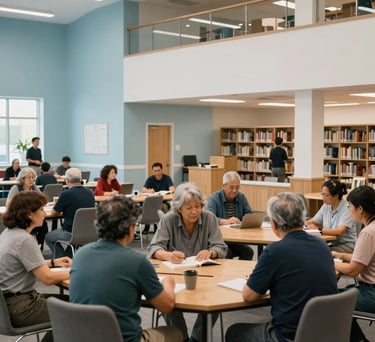 A wide shot of a multi-generational group of people gathering in a clean, modern North American community center library, with light blue and white interior accents.