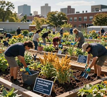 A professional wide-angle shot of a local North American urban community garden project. People are working together under a warm sun, with hints of goldenrod and dark navy in the gardening tools and signage.