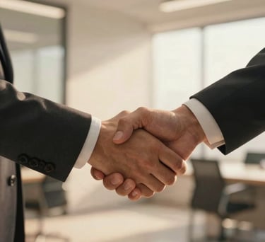 A close-up photograph of a handshake between two professionals in a modern North American office setting, with a warm sunlit background and soft golden ochre tones.