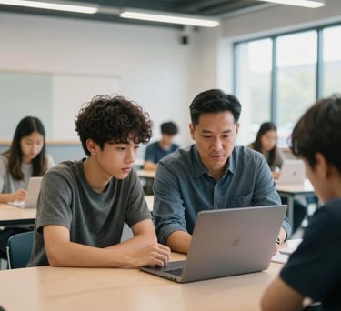 A documentary-style photograph of a North American mentorship session in a brightly lit, modern community space. A mentor and a young adult look at a laptop together, surrounded by steel blue and off-white decor.