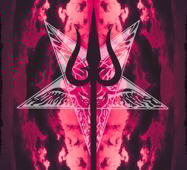 Satanic occult art featuring a black trident over a pentagram and red hellish clouds.