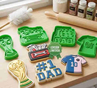 cortadores de galletas para el dia del padre sobre una mesa de madera con utensilios para hornear