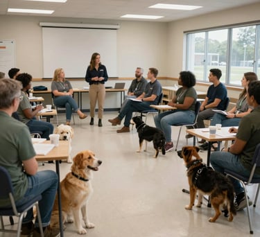 A bright North American community center room where a small group is attending an educational session about service animal rights and roles.