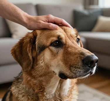A detailed shot of a person's hand gently petting the head of a calm, focused service dog in a North American residential living room.
