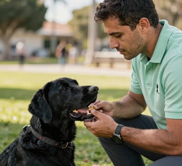 A close-up photograph of a professional trainer in a pale green polo shirt handing a treat to a focused black Labrador service dog in a sunny Valparaiso park, North American setting, natural morning light.