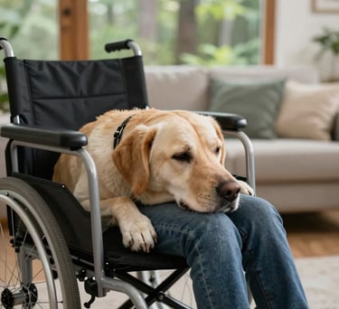 A heartwarming photograph of a service dog resting its head on the lap of a person in a wheelchair, indoors in a bright North American home, soft forest green accents in the background, professional and compassionate mood.