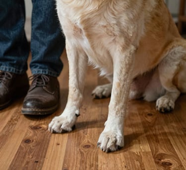 Close-up of a service dog's paws resting on a wooden floor next to their handler's shoes in a North American home, symbolizing steady partnership and support.