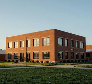 A wide-angle photography shot of the exterior of a modern brick building in Valparaiso, Indiana, surrounded by green lawns under a soft morning sun.