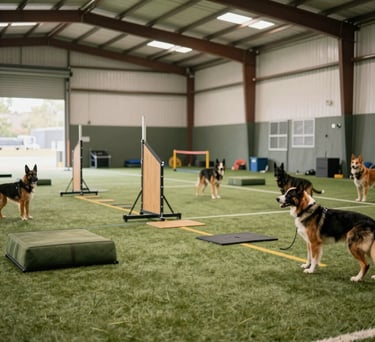 A professional, indoor North American training facility with natural light, featuring a organized canine gym with agility equipment in soft moss green and beige tones.