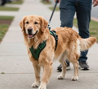 A high-resolution photography shot of a Golden Retriever service dog wearing a professional green harness, walking calmly beside a handler on a North American sidewalk.
