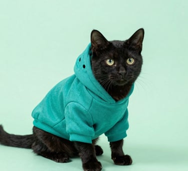 A black cat wearing a teal green pet hoodie sweater sitting against a matching light green background.