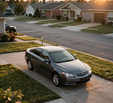 A high-angle photograph of a safe suburban North American residential street at golden hour, highlighting a well-maintained family car parked in a driveway, evoking a sense of security.