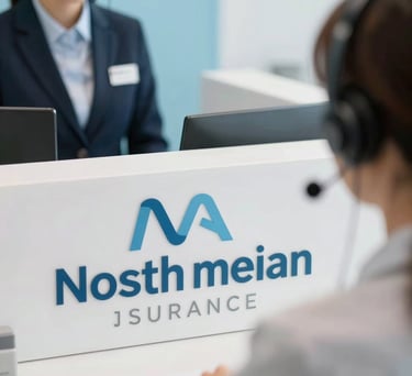 A close-up photograph of a clean, modern North American insurance customer service counter with a soft focus on a professional interaction in the background, featuring light blue and white color accents.