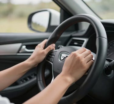 A close-up photograph of a driver's hands positioned correctly on a modern car steering wheel, soft natural light entering from the side window, North American car interior, clean and focused composition.