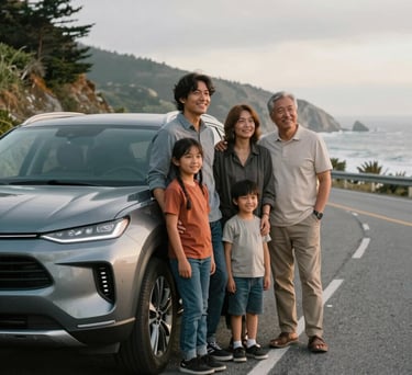 A candid photograph of a happy North American family standing safely beside their modern SUV on a scenic coastal road, emphasizing peace of mind.