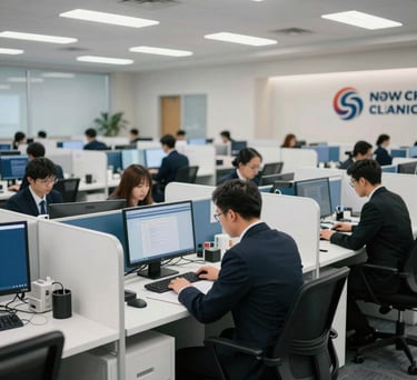 An interior shot of a contemporary, high-tech North American claims center with employees working at clean, white desks with blue accents.