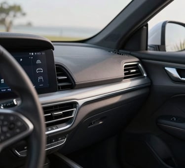 A photograph showing a detailed view of a modern car dashboard with a focus on safety features, captured in a bright, clean North American setting.