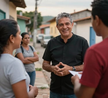 Pastor Renan Moreira talking warmly with community workers during the early morning 'Café com o Trabalhador' in a Brazilian neighborhood.