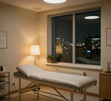 The tranquil atmosphere of the psychoanalysis clinic at night, with warm lights and a view of the city lights through a window.