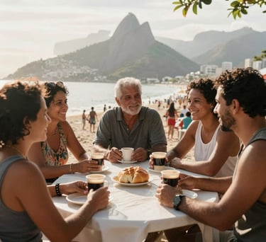 People gathered around a table with coffee and bread in an outdoor community setting in Rio de Janeiro, morning sunlight, warm and welcoming Brazilian hospitality vibes.