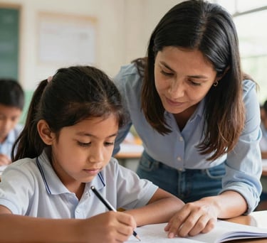 A close-up of a teacher helping a child with schoolwork in a bright South American classroom, soft natural lighting, emotional and supportive atmosphere, professional photography.