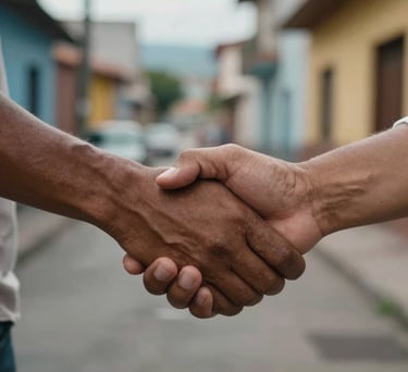 Close-up of hands shaking in a gesture of partnership and trust, in a South American urban setting with vibrant morning light.
