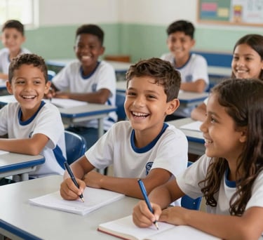 A group of Brazilian children laughing and studying together in a brightly lit community classroom for school reinforcement.